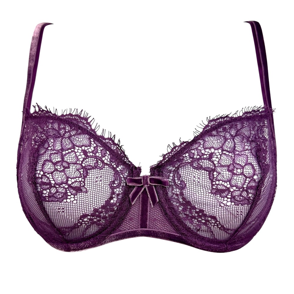 Simone Perele Delice Lace Velvet Trim Plunge Bra Purple Womens 34C NWOT